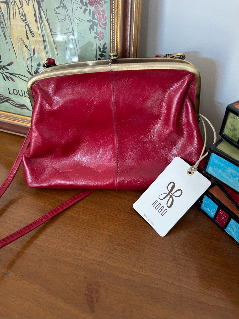 HOBO Red Leather Frame-Top Crossbody with Brass Hardware